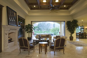 Upscale dining area with coffered ceilings